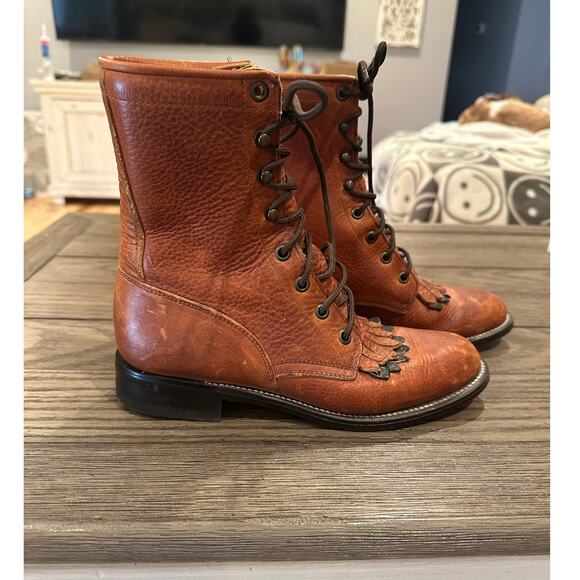 Vintage Justin Roper Boots Brown Lace Fringe Detail Western Kilite Leather S 5 - Picture 3 of 6
